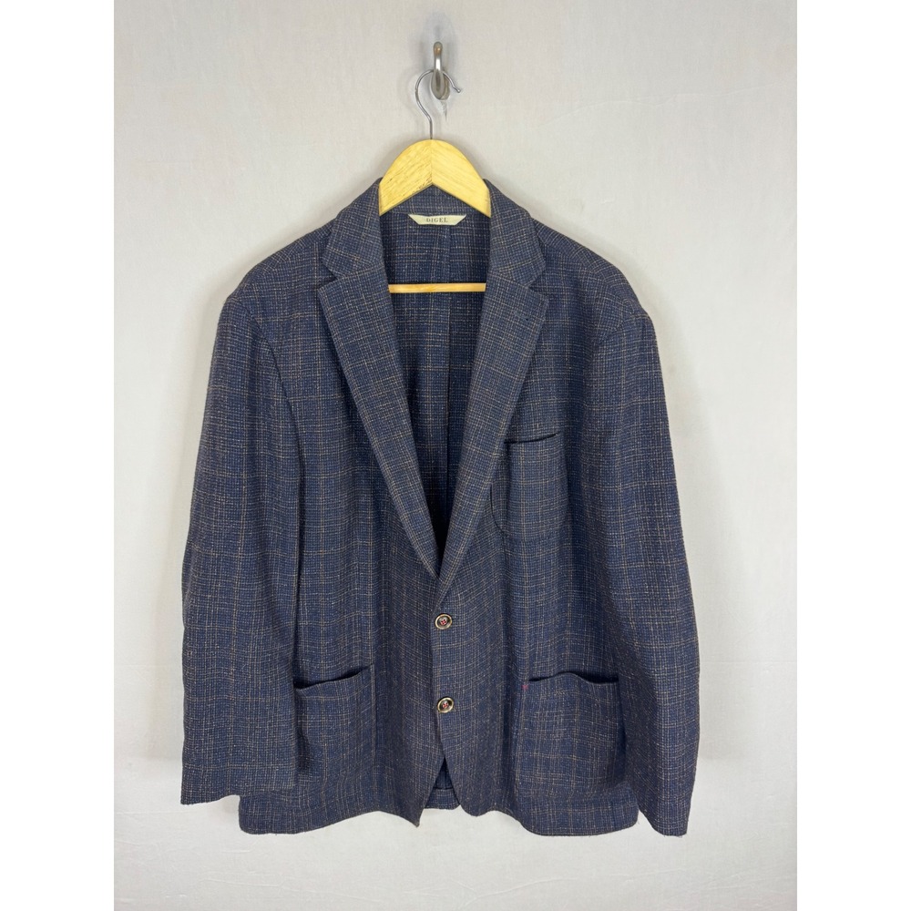 Digel Casual Mens Navy Brown Plaid Wool Linen Sild Blend Blazer Jacket Size‎ 46R